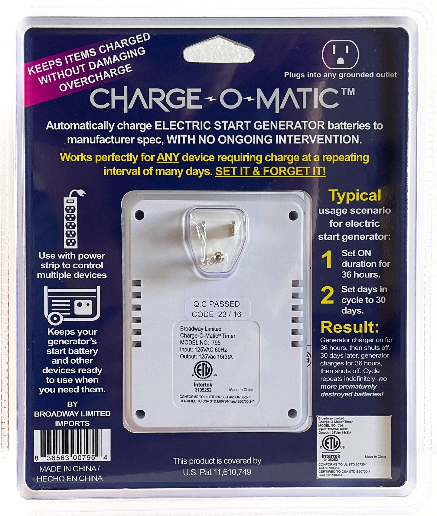 Battery charger timer switch with grounded outlet and ETL safety certification