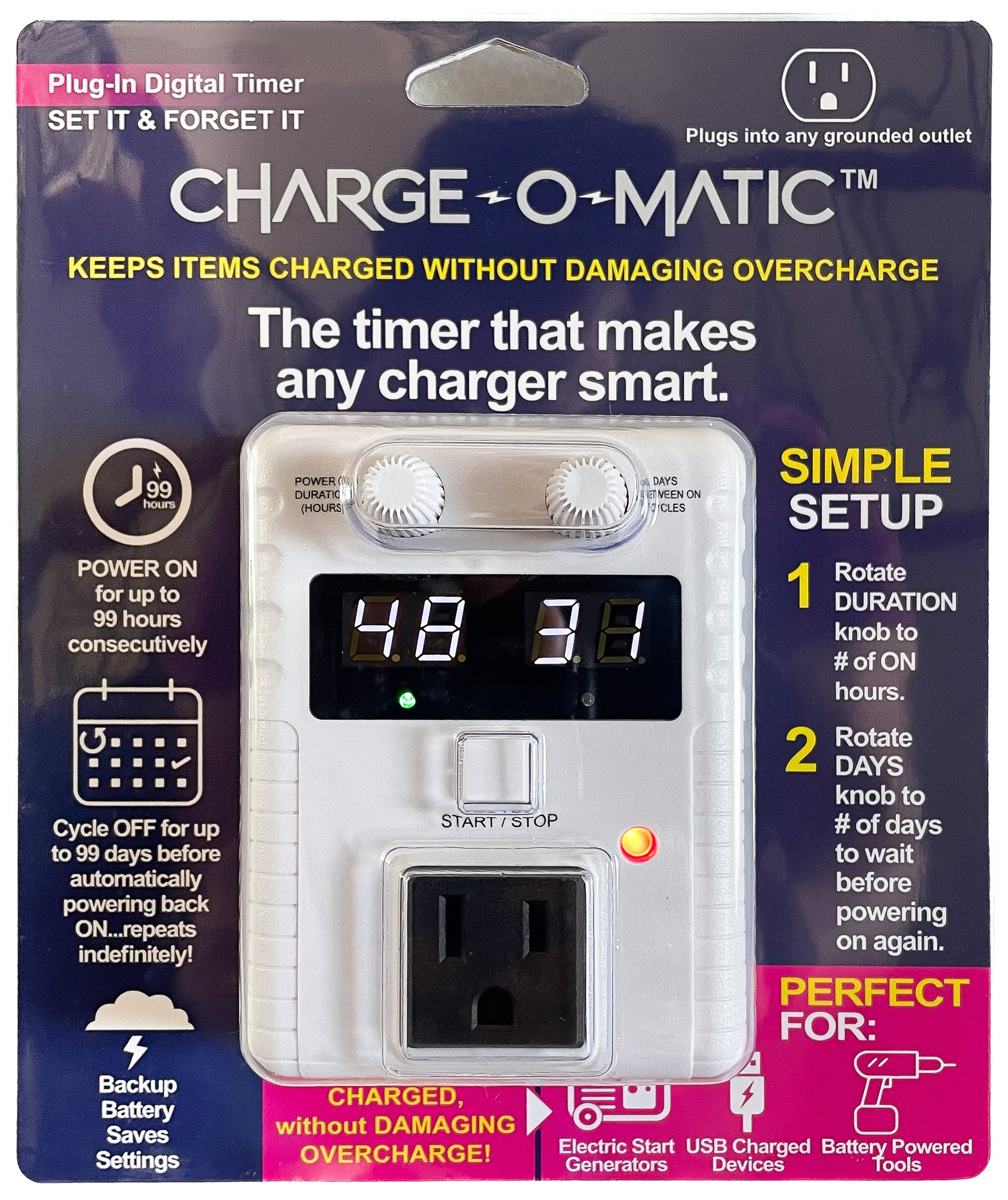 Charge-O-Matic dual knob settings for 1 to 99 hours on and 1 to 99 days off